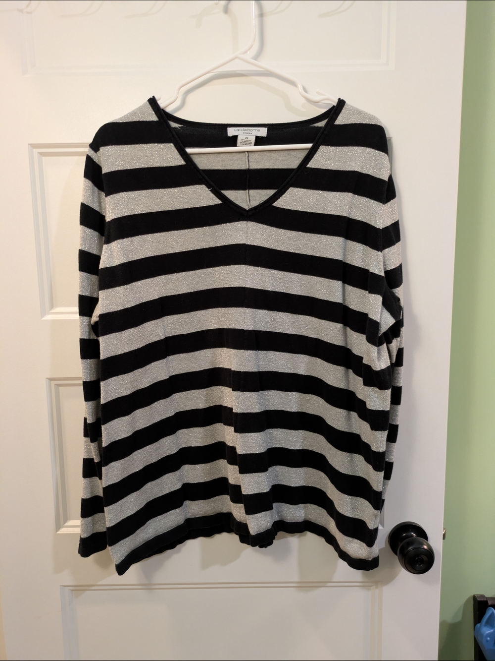 Liz Claiborne Black and Silver Metallic Stripe V-Neck Top
